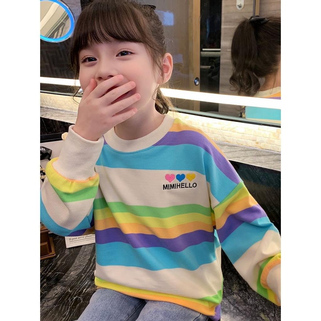 Girls Rainbow Striped Long Sleeve Sweatshirt Spring Autumn Korean Top
