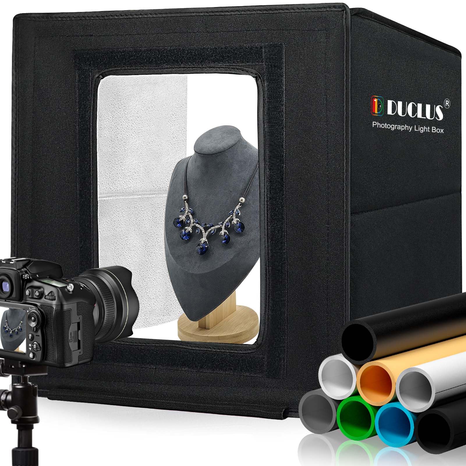 

DUCLUS Photography Box 40 см Фотобудка Световой короб Простая фотостудия с регулируемой яркостью 160 светодиодов 8 фонов Комплект для фотосъемки продукции Складной, Освещение, чёрный