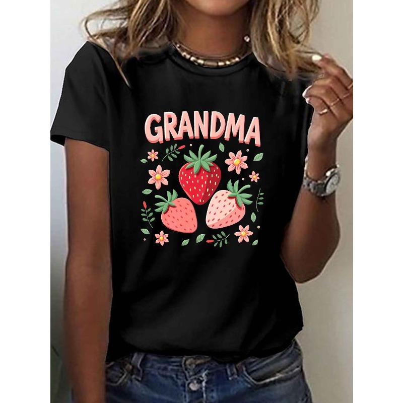 Casual Short-Sleeve Crew Neck T-Shirt Featuring A Strawberry Print, Perfect for Spring and Summer, Designed for Women