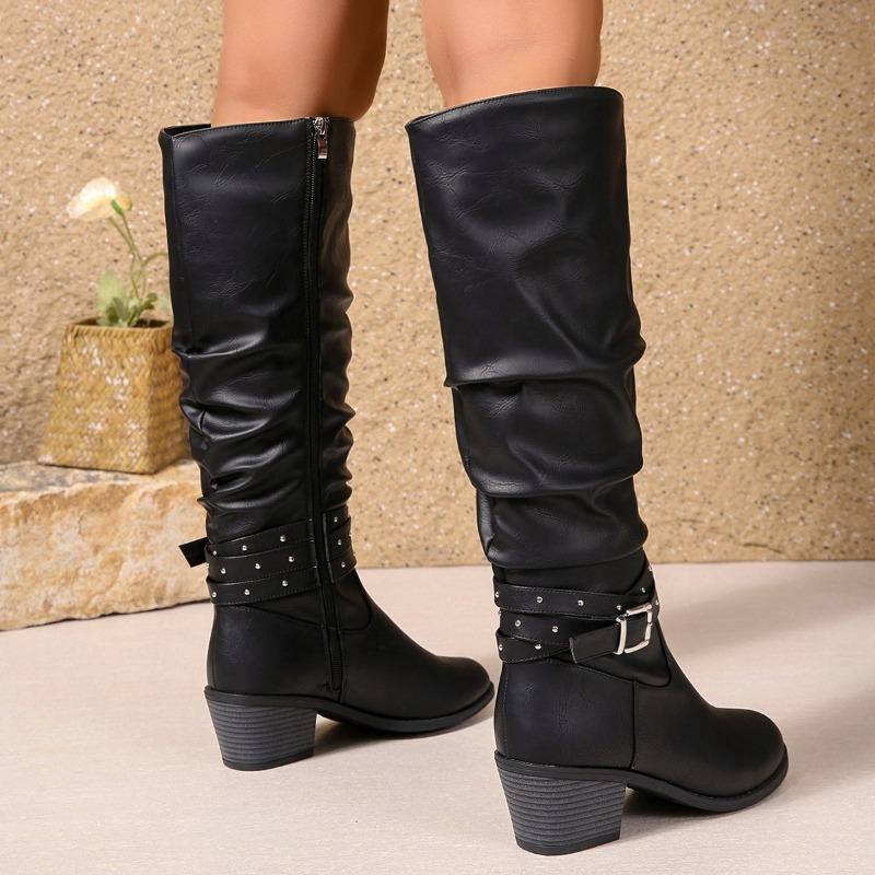 Fashion Women's Fashion Chunky Single Boots Winter Season New Pointed Head Side Zipper Rivets Non-slip High Boots