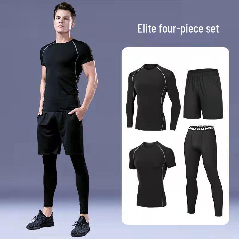 Pánské rychleschnoucí sportovní oblečení z ledového hedvábí s těsným střihem: Set s krátkým rukávem a pětibodovými kalhotami na letní fitness a běh