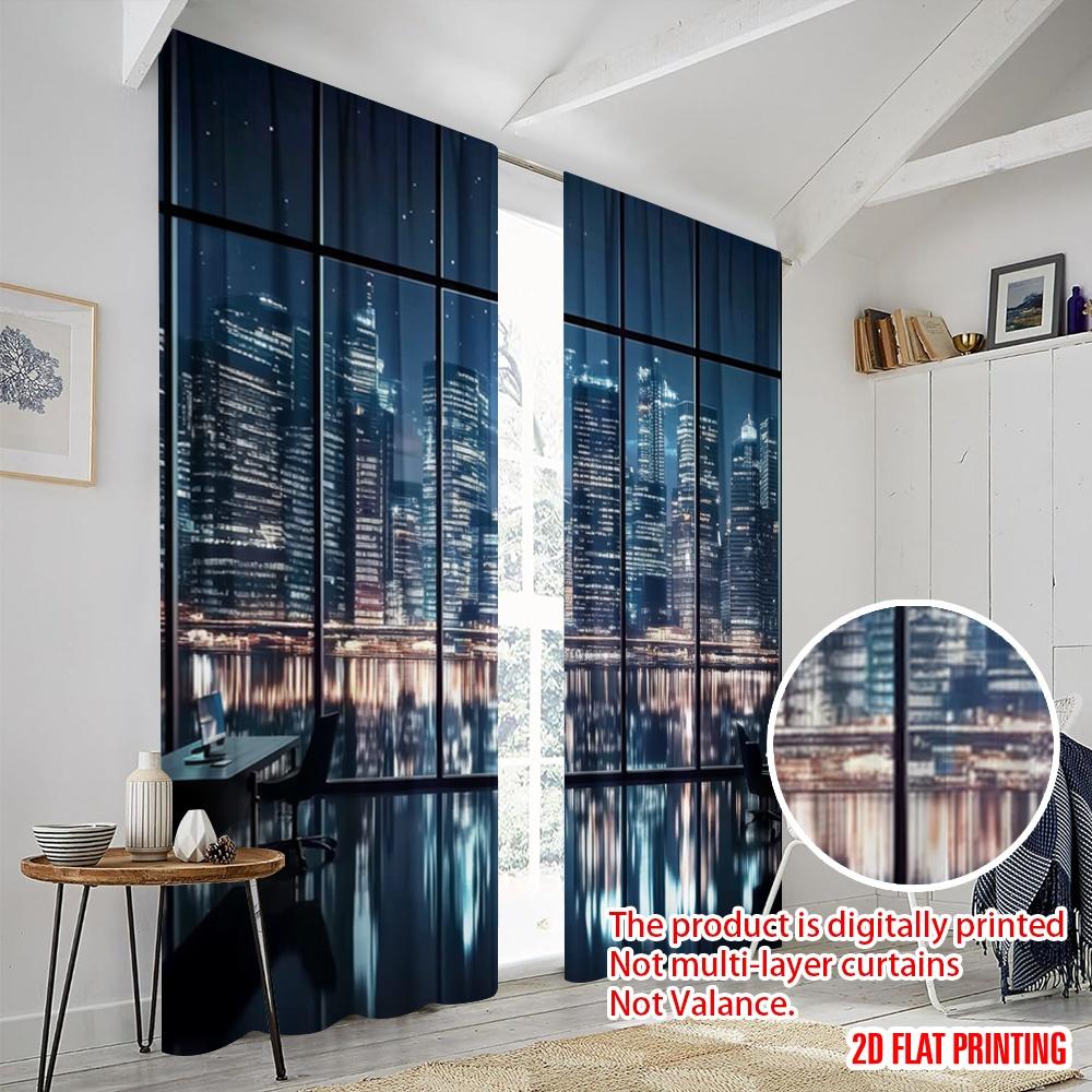 2pcs,2D plane printing Curtains Roller Blinds Cityscape Reflection Versatile Polyester (without rod) Festive Use for Bedroom,