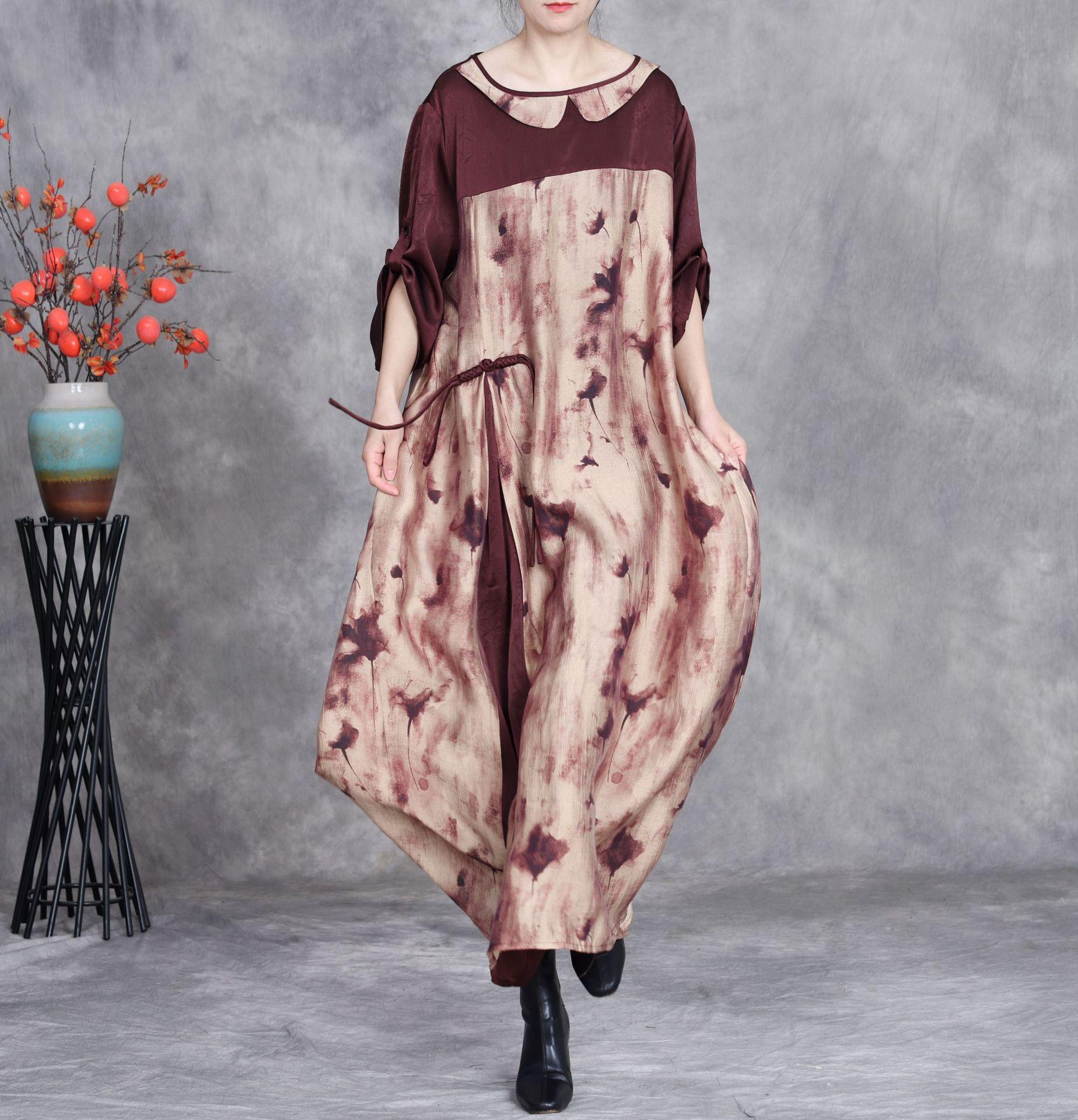 

Johnature Women Vintage Print Floral Dress Seven Sleeve Spring Loose High Quality Women Dress One Size