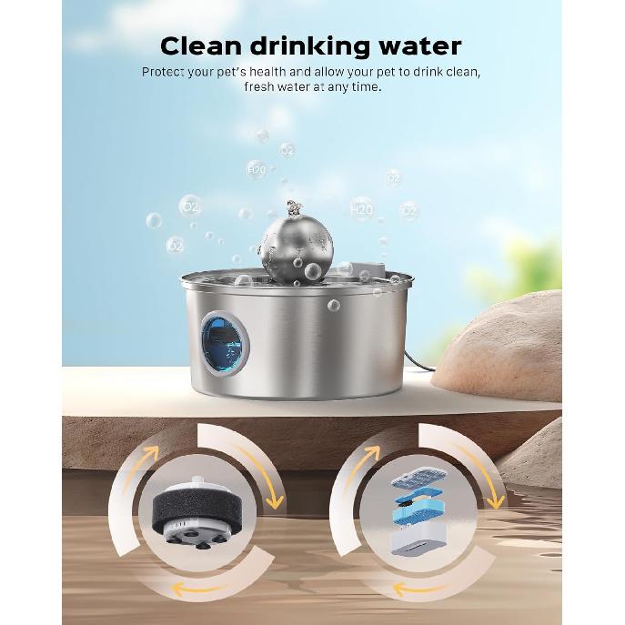 Fontanna do picia dla kota ze stali nierdzewnej:z 6 filtrami węglowymi + 3 sztuki fontanna na wodę dla zwierząt 108oz/3,2L Ciche fontanny dla kotów z okienkiem poziomu wody Kot