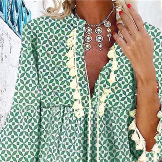 Beach Dress Geometric Print Tassel Women V Neck 3/4 Sleeve Dress for Vacation