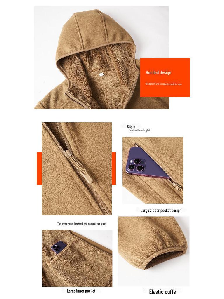 Férfi plüss kapucnis polár dzseki - Meleg cipzáras kardigán őszre és télre