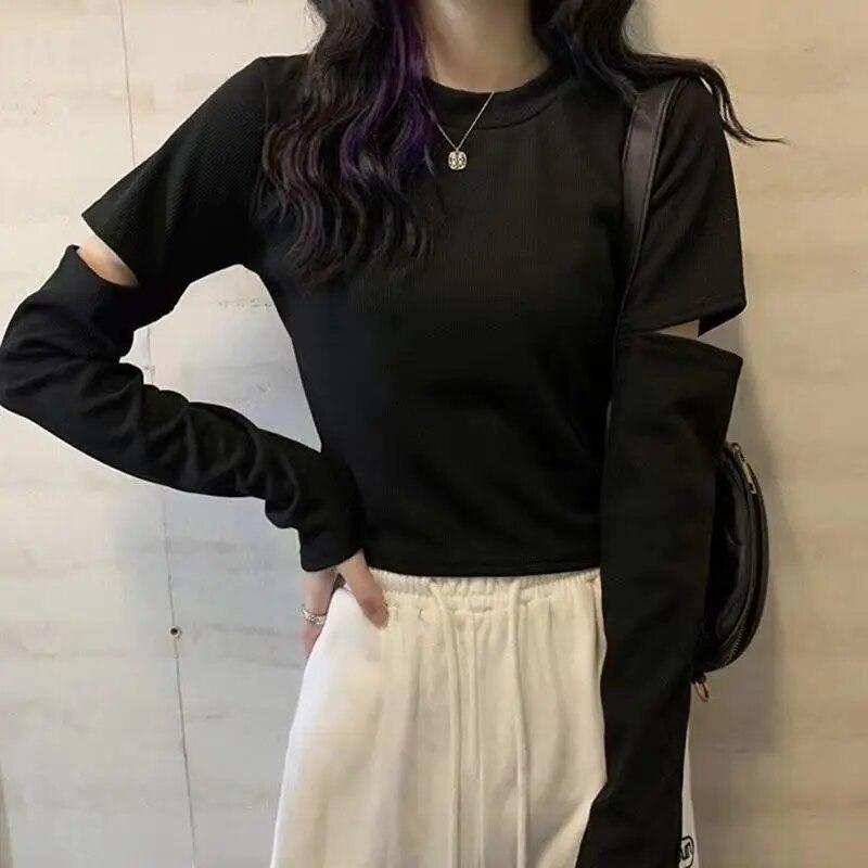 Langermede T-skjorter Kvinner Løse Hotsweet Hollow Out Crop Tops Studenter Mote Enkel All-match Våren Uformelt koreansk stil Ins
