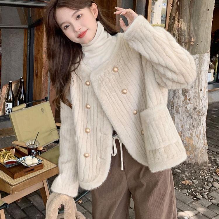 Winter  Faux Fur Coat Women Cotton-padded Double-breasted Thick Overcoat