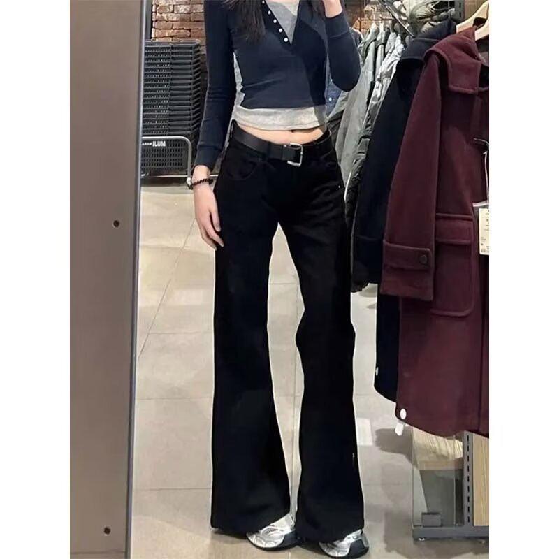 

Джинсы клеш с низкой посадкой для полных женщин - Осенние стройнящие брюки в стиле ретро длиной в пол Large чёрный