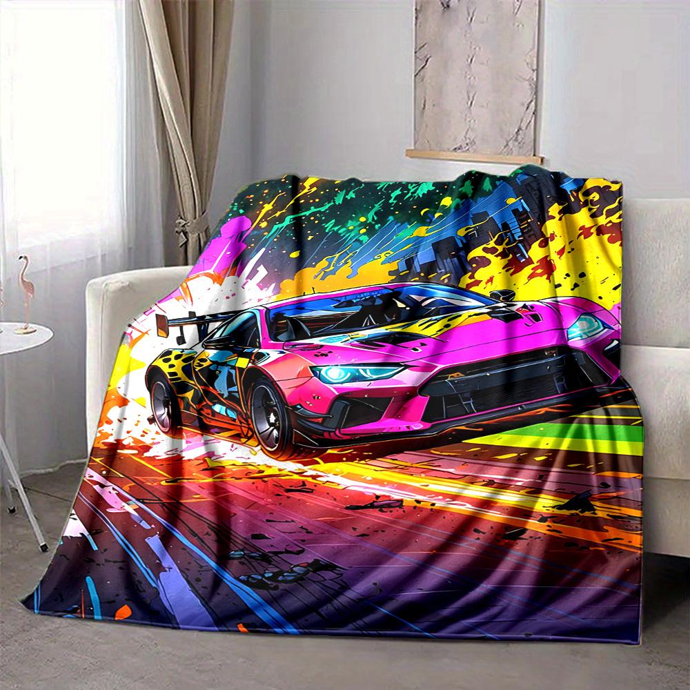 1PC Racing Car, Urban Art Blanket Soft Warm All Season Throw for Sofa, Bed, Car, Office Vibrant Colorful Design, Durable & Cozy Gift