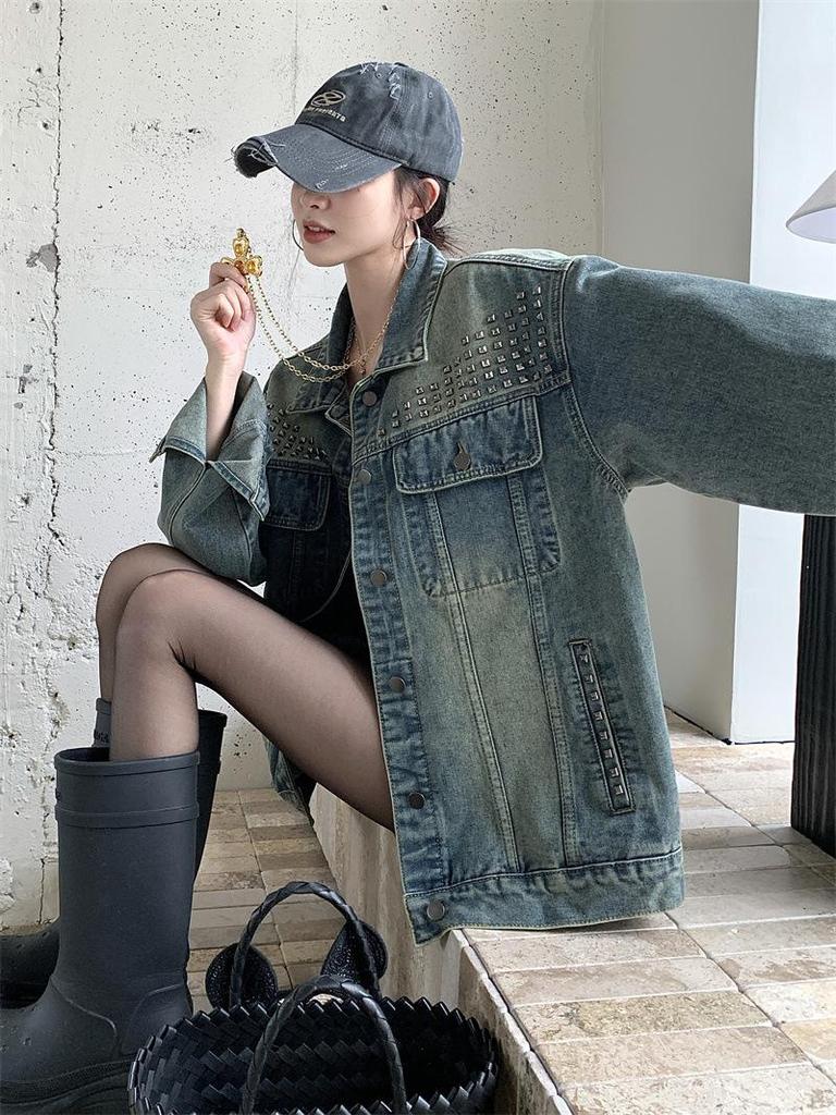 2025 Autumn Spicy Girl High-End Rivet Long-Sleeve Denim Jacket for Women