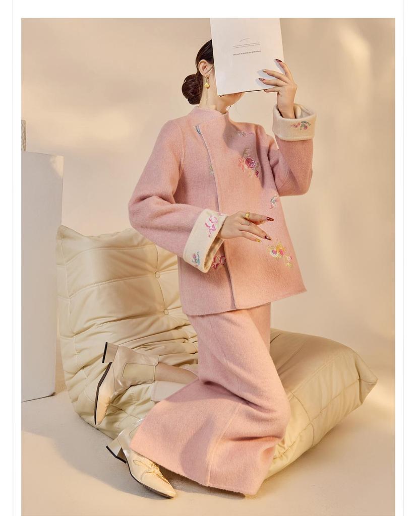 New Chinese Embroidered Wool Coat & Skirt Set - Women's NY027
