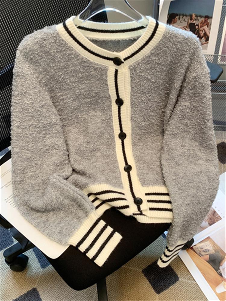 Knitted Women Cardigan Autumn Winter  New Patchwork Long Sleeve Sweater Casual Vintage Single Breasted Cardigans