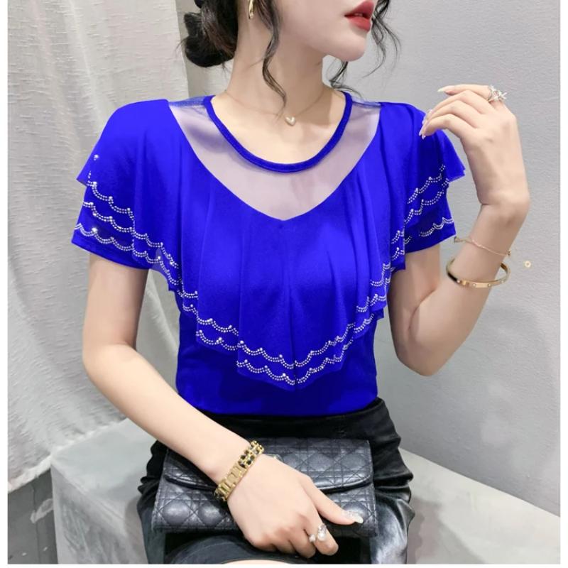 New Chic Summer Elegant Women T-Shirt Clothes Sexy Luxury Shiny Diamonds Tops Short Sleeved Ruffles Mesh Tees Blusas