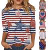Women's Fashionable Casual Independence Day American Flag and Stars Print Neck Three-Quarter Sleeve T-Shirt Top