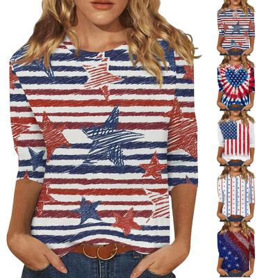 Women's Fashionable Casual Independence Day American Flag and Stars Print Neck Three-Quarter Sleeve T-Shirt Top