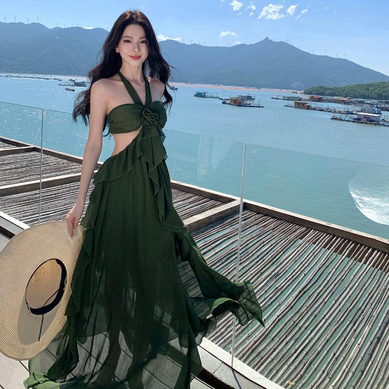 Sexy Strap Ruffle Edge Neck Dress Backless Retro Waist Thin Beach Dress