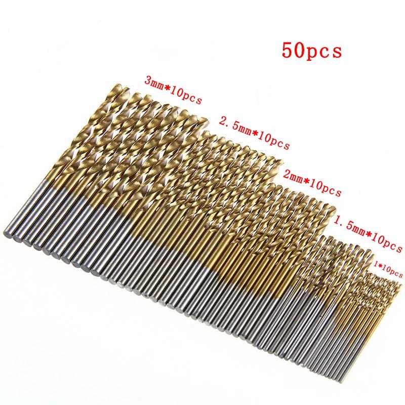 

50 шт. сверл, сверла из карбида вольфрама, спиральные сверла, электроинструмент, быстрорежущая сталь HSS с титановым покрытием, набор сверл