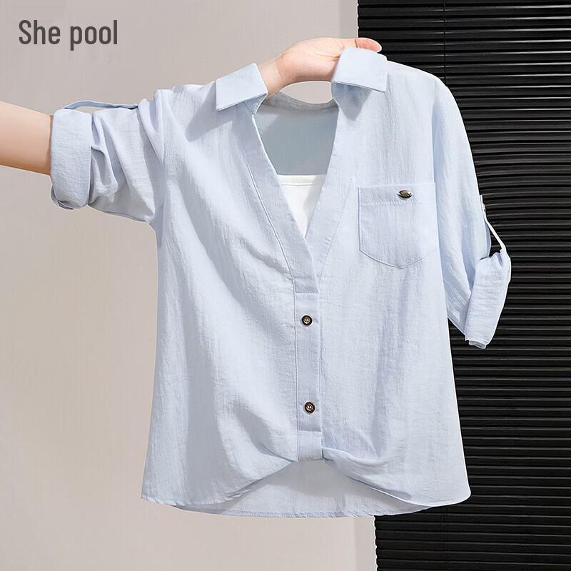 Women s Fake Two-Piece Pleated Contrast Rolled Collar Shirt M