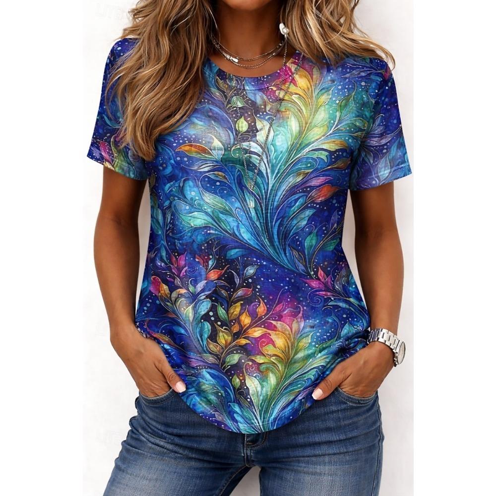 Women s T Shirt Print Floral Graphic Color Gradient Stylish Classic Casual Short Sleeve Crew Neck Round Neck Long Tops S