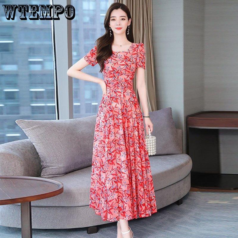 WTEMPO Dámské letní šaty velkých velikostí s kulatým výstřihem, s prázdninovým potiskem, plážové šaty, šaty s temperamentem v pase, temperamentní volné květinové šaty