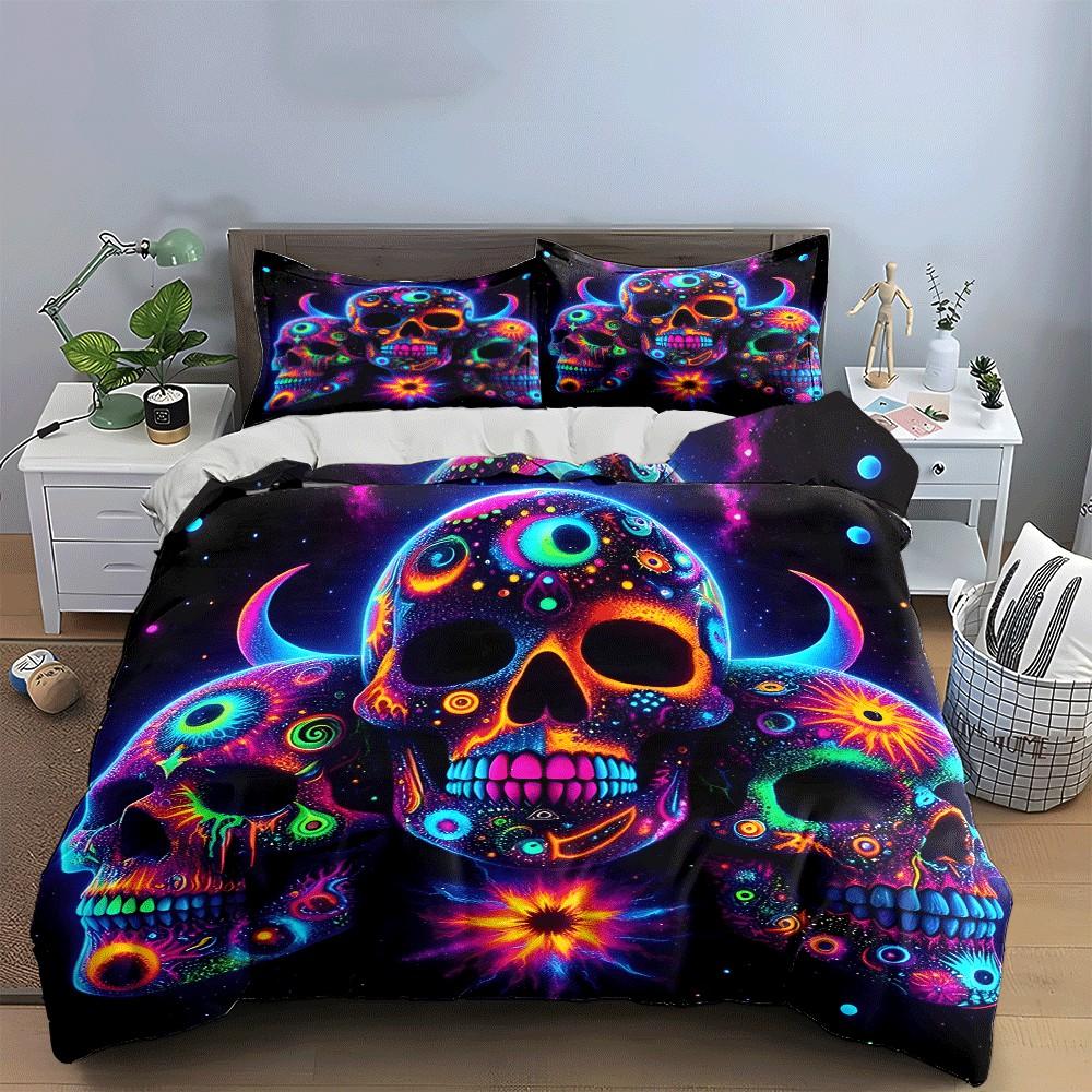 Neon Skull Art Set for Decor Exquisite three-piece bedding set gift for kids and adults