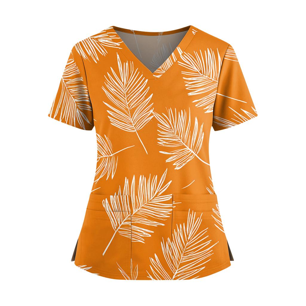 Women's Hawaiian Print V-Neck Double Pocket Short Sleeve Uniform/ Top