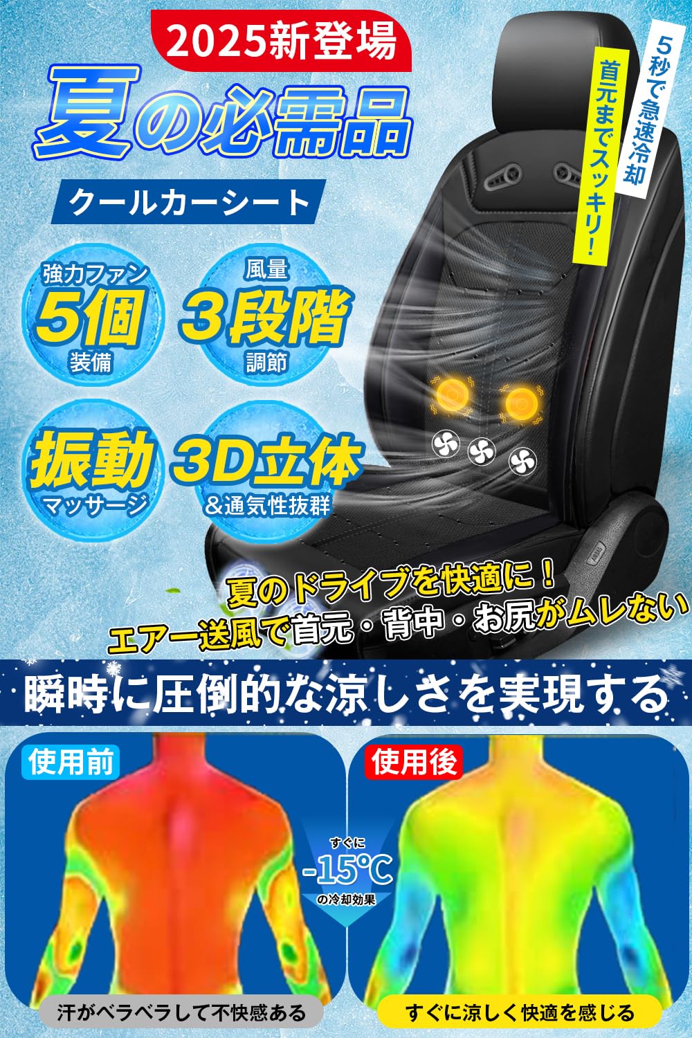 

Чехол для летнего сиденья Cool Seat Car 2025 года с 2 очень большими вентиляторами, 3 мощными вентиляторами, 3D-отверстиями, 3D-сетчатым вентилятором с холодным воздухом, 3 уровнями регулировки и высокой скоростью вращения автомобиля синий