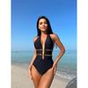 Sexy Black Knitted Patchwork One Piece Swimsuit Women V Neck Buckle Hollow Out Backless Bathing Suit Tummy Control Swimwear