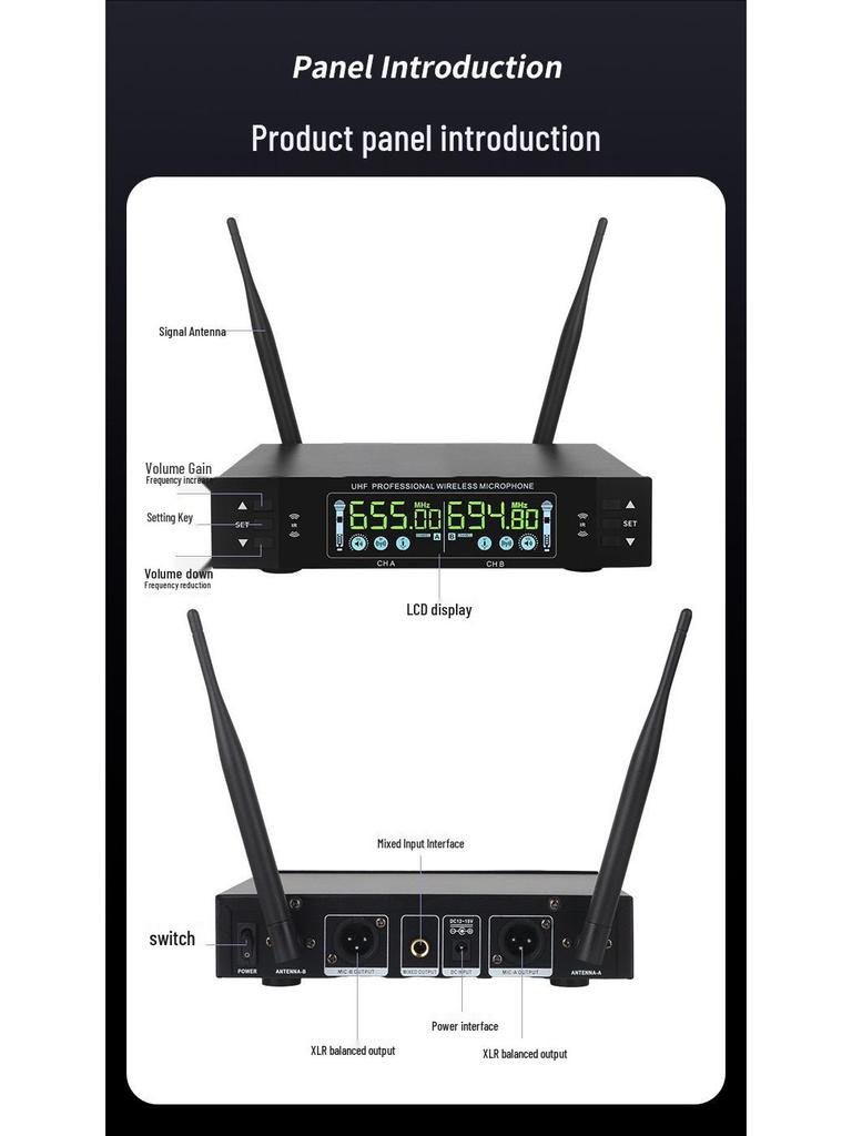 Dual Metal True Diversity Infrared Frequency Wireless Microphone for Meetings and Family KTV
