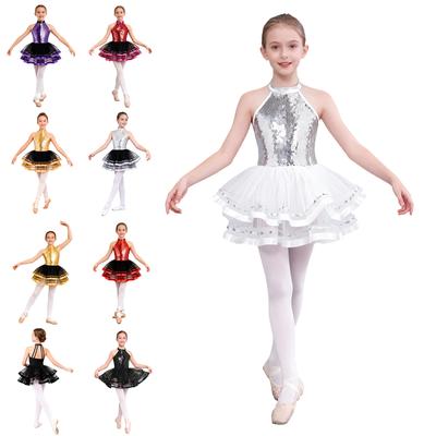 Gymnastikkleid für Mädchen, glitzernde Pailletten, Ballett-Tanzkleider, Ballerina-Kostüm mit hohlem Rücken und Rock