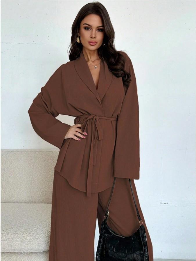 European V-Neck Elegant Women's Suit with Long Sleeves and Wide-Leg Pants