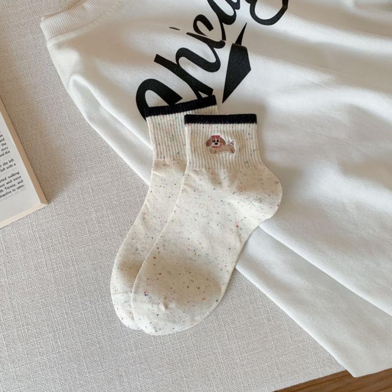 Female Spring and Summer New Style Casual Yarn Color Collision Lovely Dachshund Embroidery Boneless Tube Socks