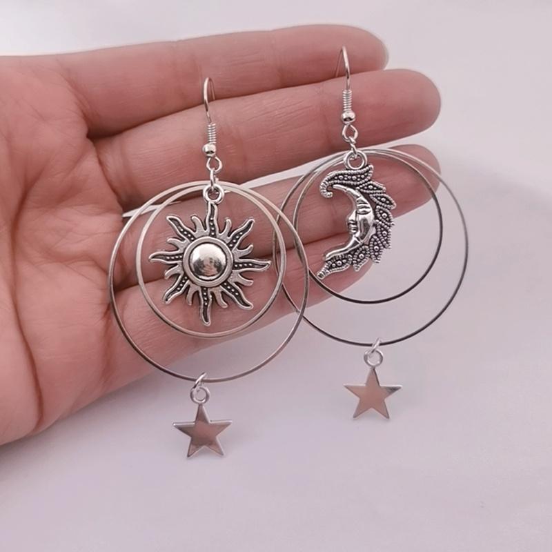 Vintage Silberne Tropfenohrringe mit Sonne, Mond und Stern für Damen, Boho-Kreis, Creolen, eleganter Schmuck