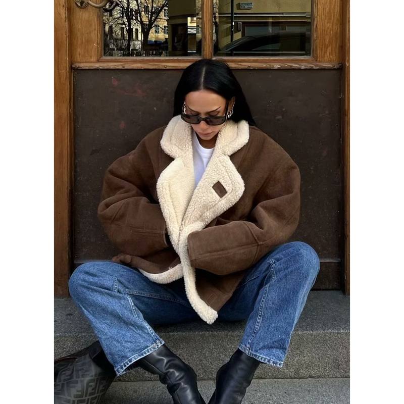 Winter Design Fashion Women Fur Collar Coat Long Sleeve Thick Warm Zipper Jacket Casual Loose Lamb Wool Outwear