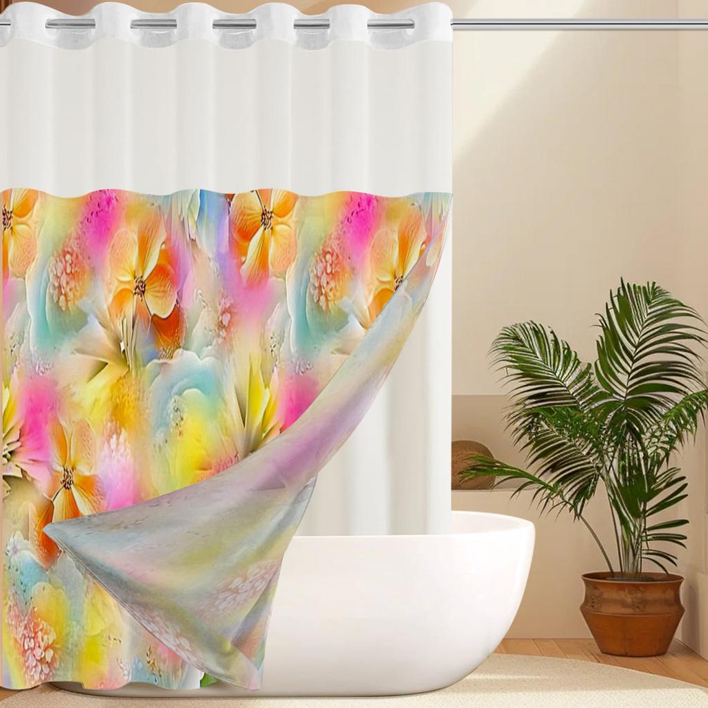 No Hook  Floral Pattern Shower Curtain With Snap-In Fabric Liner, Sheer Top Window, Waterproof Double Layer Bathtub Curtain