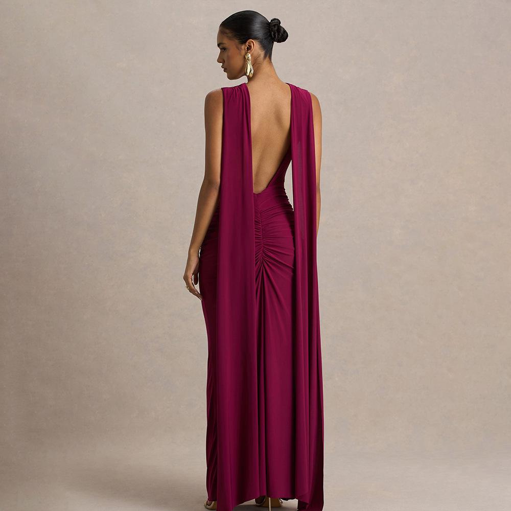 Spring Elegant European and American Women's Evening Gown - Sexy Backless Long Skirt with Flowing Ribbon
