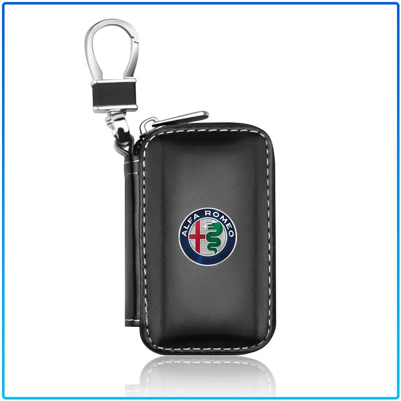 For Alfa Romeo 159 147 156 166 Giulietta Giulia Mito Stelvio Brera Spider 1Pcs Leather Emblem Car Key Case Keychain Zipper Key Case Bag