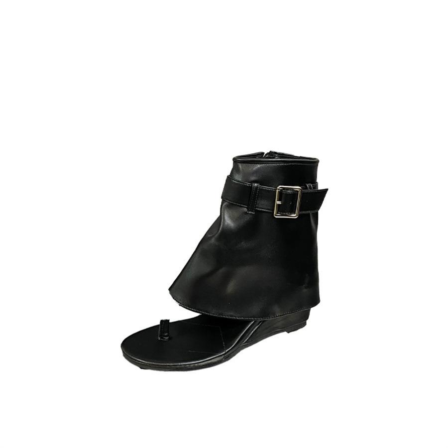 2025 new round head side zipper personalized toe wedge heel belt buckle high heel cool boots herringbone Roman sandals women's shoes