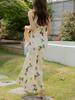 Elegant French Resort-Style Off-The-Shoulder V-Neck Butterfly Print H-Line Dress for Women