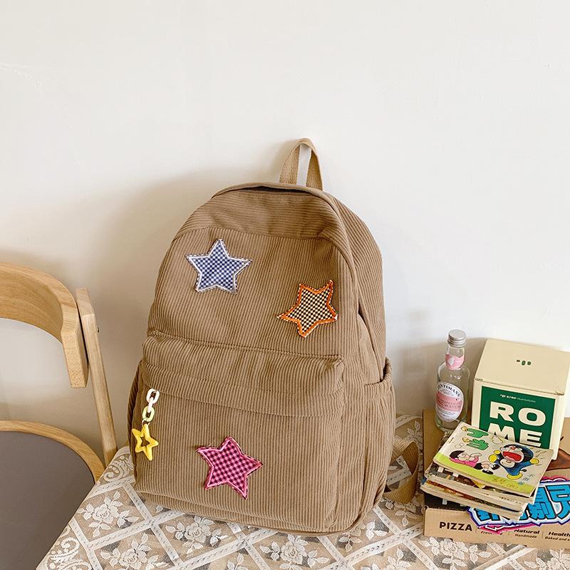 Corduroy Backpack Women'S Style Solid Color Versatile Star Schoolbag Female Middle School Student Small Backpack