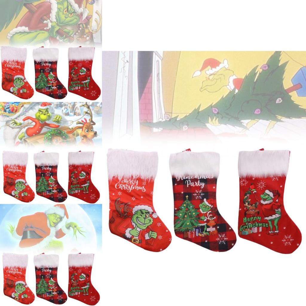 Plush Grinch Christmas Stocking Cozy Gift Bag For Kids Holiday Candy Holder