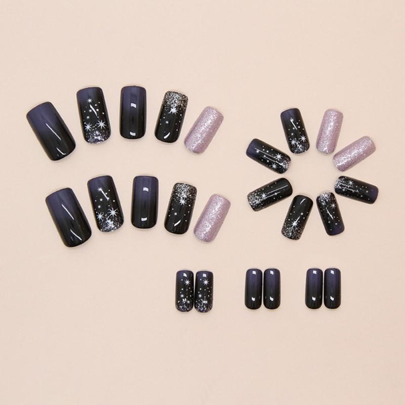 24 Stück Mittlere Quadratische Press-On Nägel Winter Blau Gradient Sternenlicht Vollabdeckung Falsche Nägel Set Nageldekorationen für Damen Mädchen