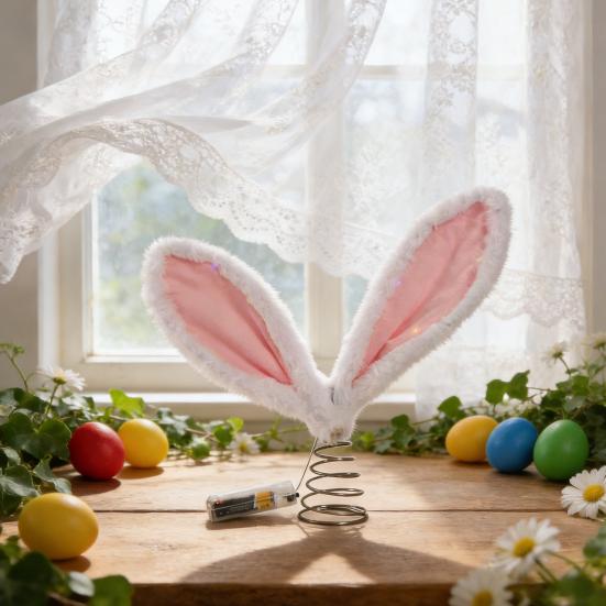 Easter Rabbit Ear Tree Topper with LED Light Plush Bunny Ears Christmas Tree Top Decoration with Metal Spring Easter Home Holiday Party Ornament