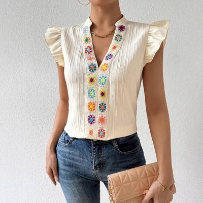 Neue Mode Vintage Rüschen Kurzarm Freizeithemden Damen Stickerei Blumen V-Ausschnitt Locker Damen Bluse Elegant Slim Fit Sommerhemd Tops 26596
