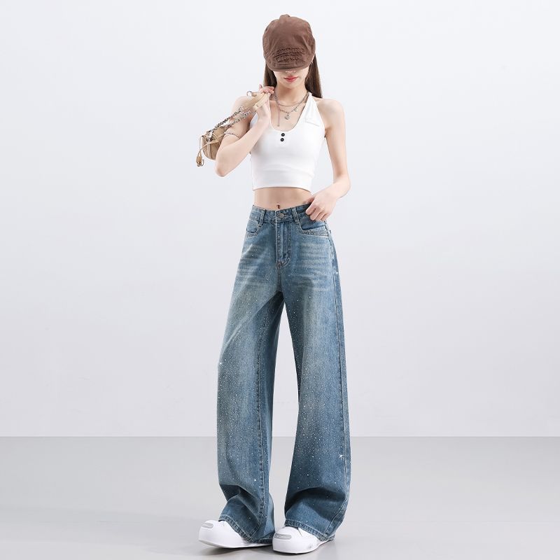 Spring Summer Full Star Bling Rhinestone Trendy Relaxed Drape Floor Wide Leg Denim Pants For Women Casual Pants Oversize Denim Trousers
