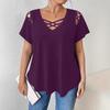 2026 European & American Casual Women's V-neck Solid Color Short Sleeve Cross Strap T-shirt