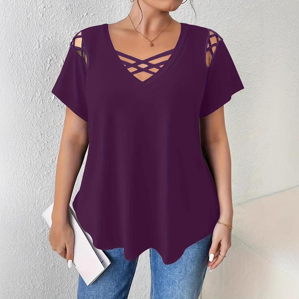 2026 European & American Casual Women's V-neck Solid Color Short Sleeve Cross Strap T-shirt
