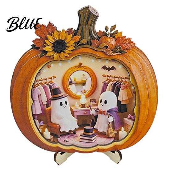 Handmade Wooden Halloween Art Ghost Pumpkin Tabletop Sign House with Mini Tiered Stacked Crafts Scene Fall Harvest Desktop Ornament for Home Office