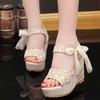 Slope Heel Lace Bow Sandals Cute Sandals Women's Singles Shoes Women's Shoes Spring and Summer New Fish Mouth Beach